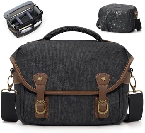 RAINSMORE Canvas Camera Bag, DSLR/SLR/Mirrorless Small Camera Sling Bags Cross-body Camera Case, Compact Shoulder Bag for Photographers with Rain Cover Vintage Sling Bags for Men and Women, Black
