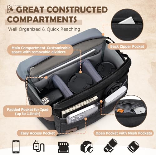 RAINSMORE Canvas Camera Bag, DSLR/SLR/Mirrorless Small Camera Sling Bags Cross-body Camera Case, Compact Shoulder Bag for Photographers with Rain Cover Vintage Sling Bags for Men and Women, Black - Image 3