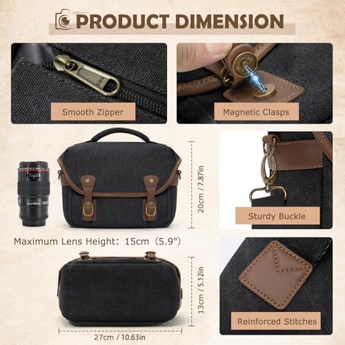 RAINSMORE Canvas Camera Bag, DSLR/SLR/Mirrorless Small Camera Sling Bags Cross-body Camera Case, Compact Shoulder Bag for Photographers with Rain Cover Vintage Sling Bags for Men and Women, Black - Image 5