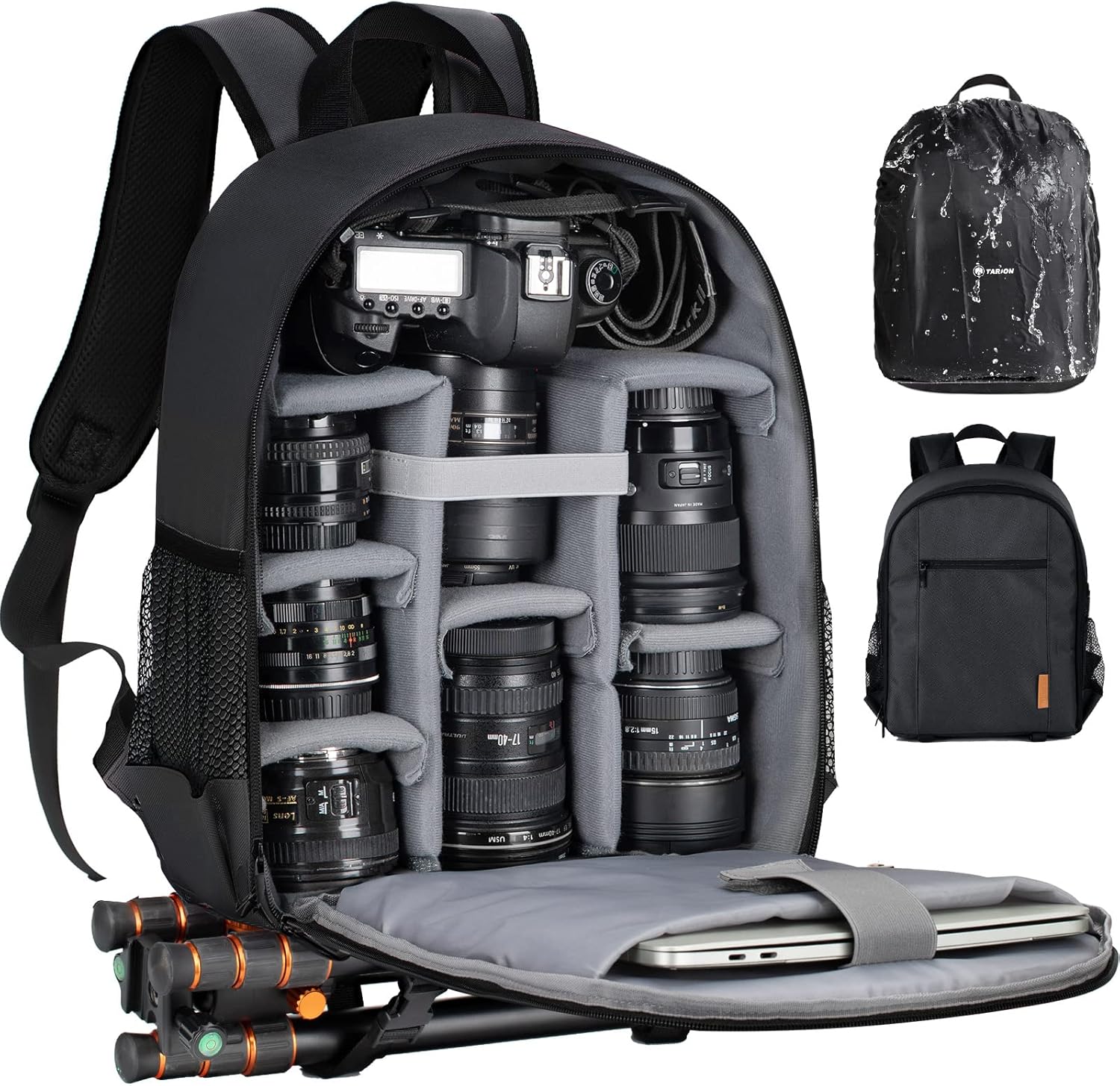 TARION Camera Backpack Bag Small - Professional DSLR Camera Bag Photography Backpack with 13“ Laptop Compartment & Waterproof Rain Cover & Tripod Holder for Photographers (Black TB-S) - Image 9