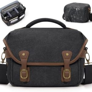 RAINSMORE Canvas Camera Bag, DSLR/SLR/Mirrorless Small Camera Sling Bags Cross-body Camera Case, Compact Shoulder Bag for Photographers with Rain Cover Vintage Sling Bags for Men and Women, Black